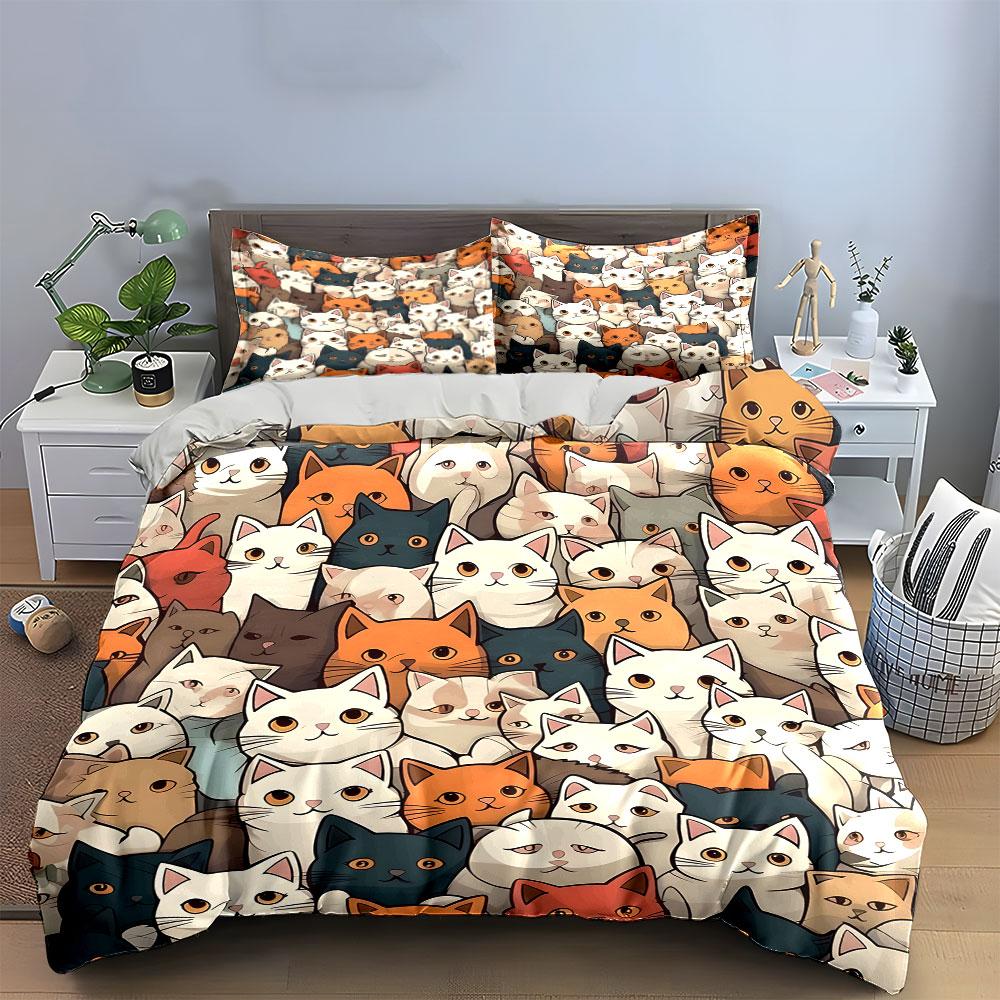 Adorable Colorful Cat Pattern Bedding Duvet Cover Set (1*Duvet Cover 2*Pillowcases, Without Duvet Insert)