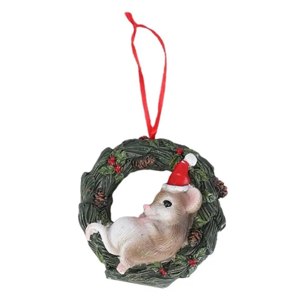 Resin Crafts Christmas Tree Pendant Cartoon Animals Mini Bear Statue Wreath  Room Decoration