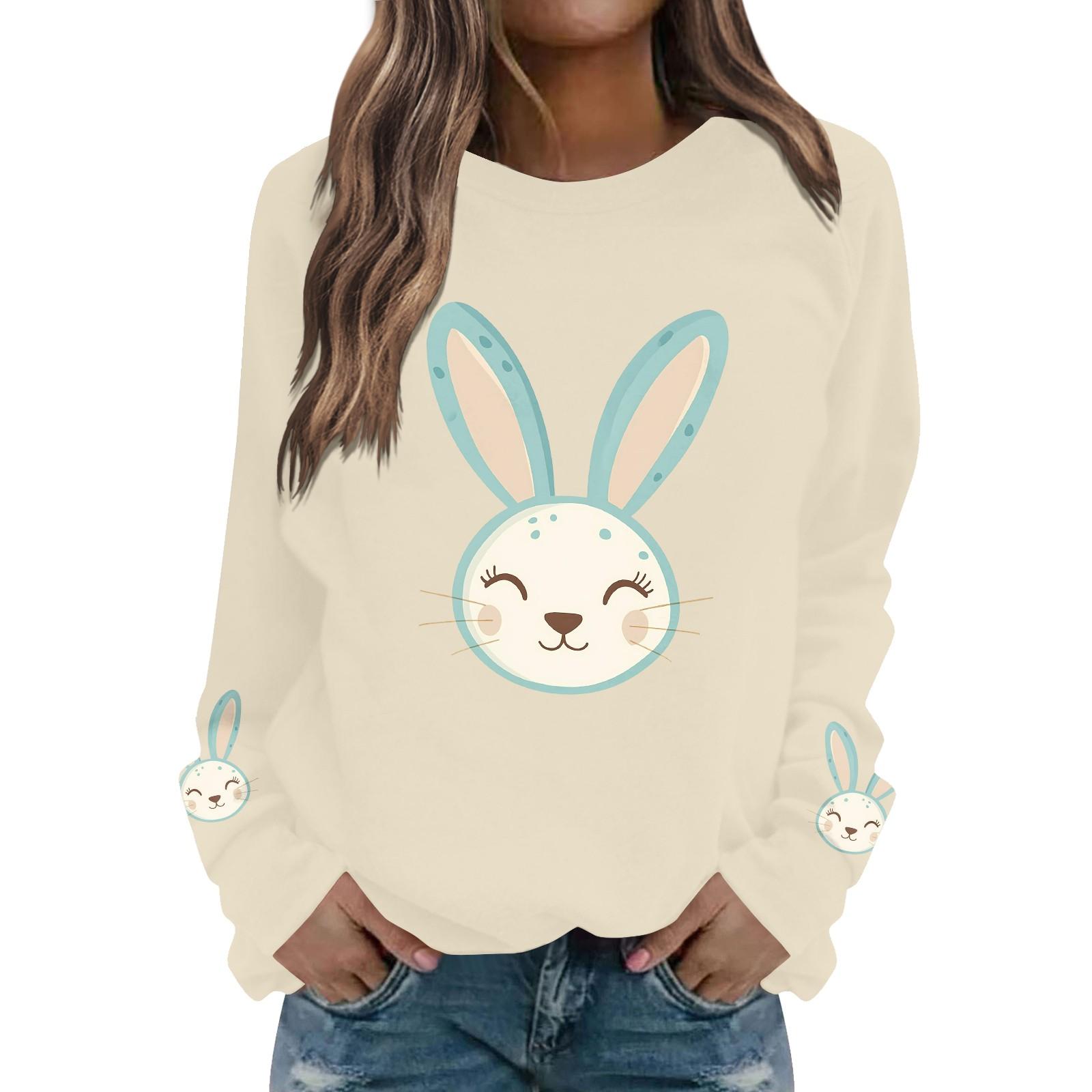 

Женская мода повседневная толстовка с длинным рукавом и круглым вырезом с принтом пасхального кролика L бежевый