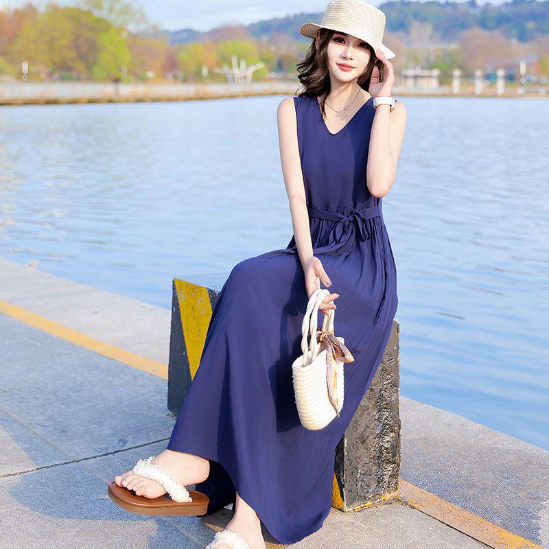 New Women's Summer Sleeveless French Silk-Cotton Beach Dress