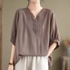 Women's Cotton Linen T-shirt  Summer Retro Loose V-neck  Plus Size Blouse Soft and Skin-friendly Blouse