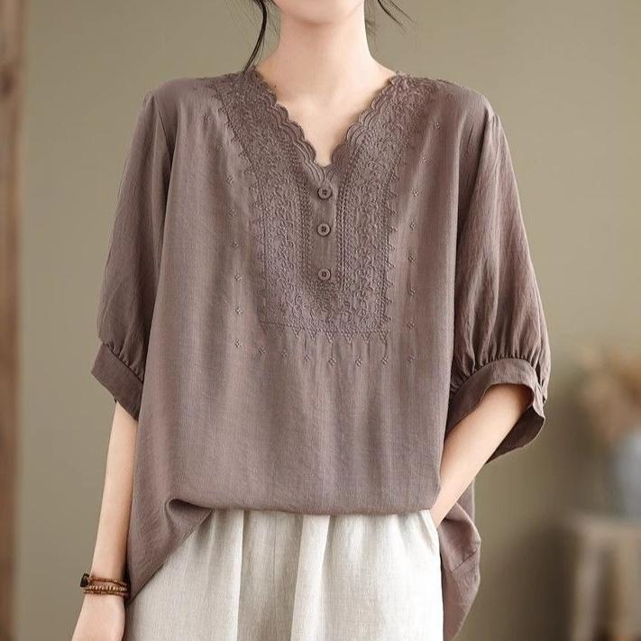 Women's Cotton Linen T-shirt  Summer Retro Loose V-neck  Plus Size Blouse Soft and Skin-friendly Blouse