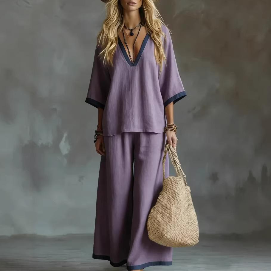 Women's Two Piece Set V Neck Wide Leg Pants with Contrast Trim