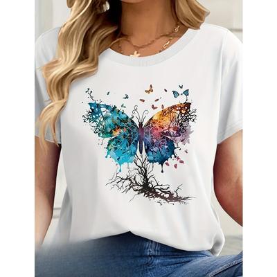 Taglie europee Donna'T-shirt casual a maniche corte con vivace stampa di farfalle e animali floreali, girocollo