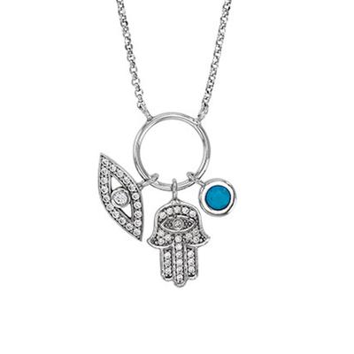[R4946] - Handmade Silver Necklace 'Lucky Charm' Turquoise White Silver (rhodium) - 13x10mm (hand of Fatima)