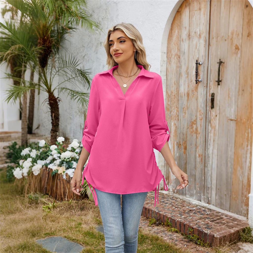 Women's Fashion Casual Solid Color Lapel Mid Sleeve Shirt Loose Top