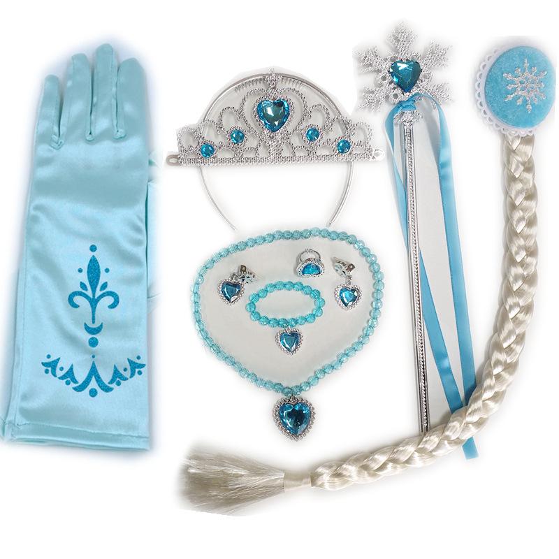 Kostümset zum Thema Die Eiskönigin: Krone, Zauberstab, Zöpfe, Halskette, Ohrringe und Handschuhe für Weihnachten & Halloween