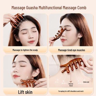 Sandelholz Multifunktionale Fünfzahn Gua Sha Massagekamm für Kopfhaut- und Gesichtstherapie