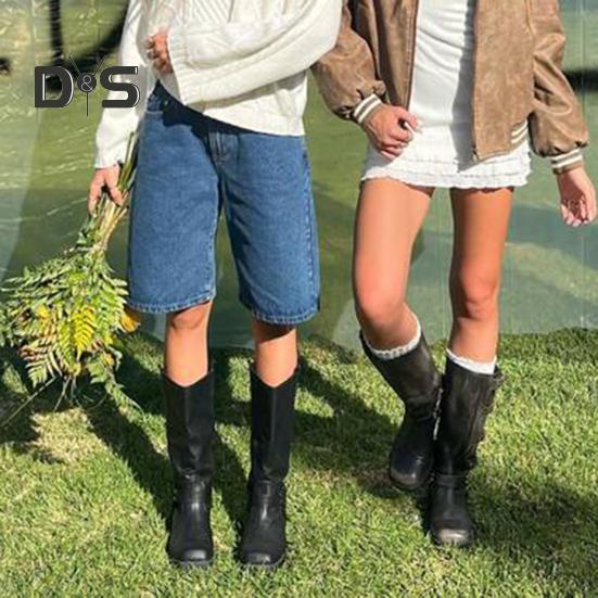 Dámské džínové šortky ke kolenům s kapsami Střední pas Volné džínové bermudy Rovná nohavice Džínové krátké kalhoty