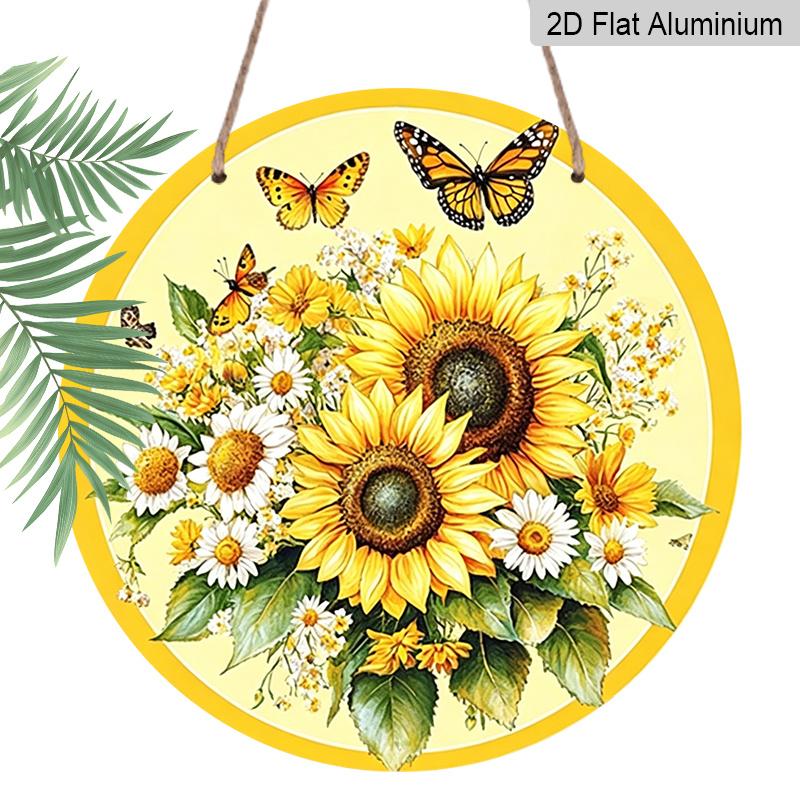 2D Flat, 1pc Round Aluminum Hanging Sign, Bright Sunflower & Monarch Butterfly Metal Wall Art, Floral Daisy Bouquet Design, Perfect for Garden