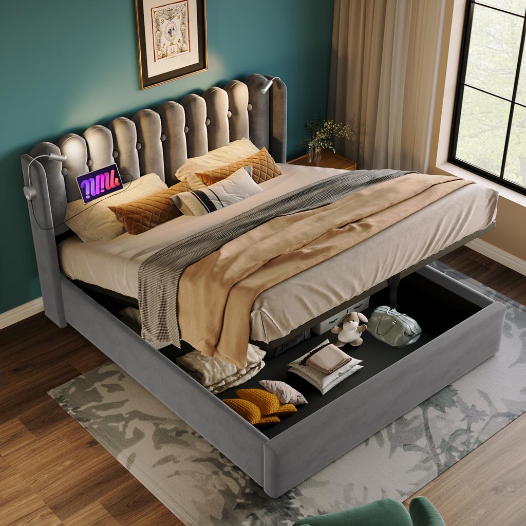 Upholstered Bed Reading Light with Charging Function Headboard Storage Bed Frame Velvet Youth Bed 160x200 with Slatted Frame, Grey (Without Mattress)