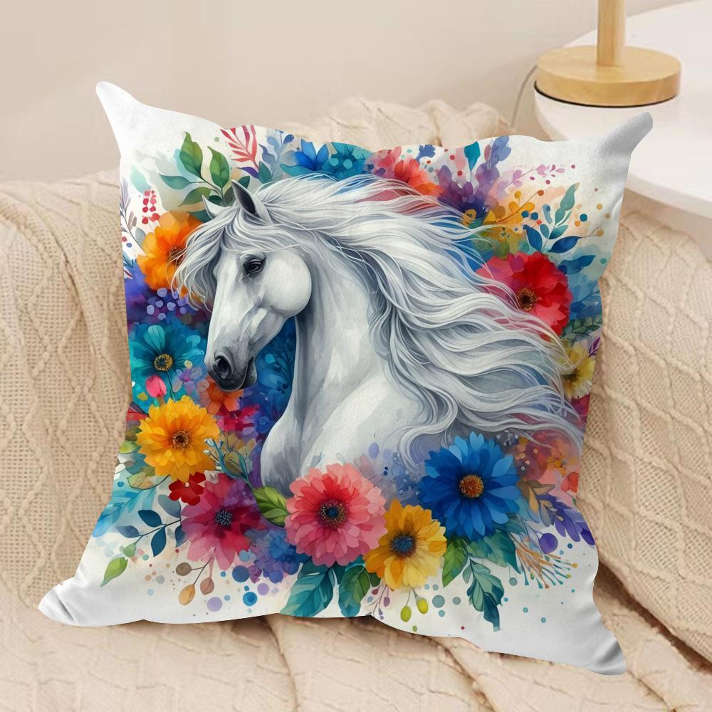 Watercolor Horse Floral Cushion Cover Soft Plush Fabric DoubleSided Printed Cushion Covers for All Seasons Modern Home Decor