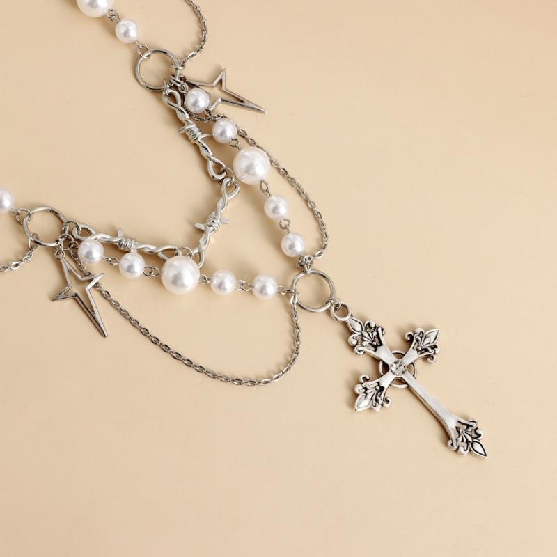 Gotisches Kreuz Rosenkranz Halskette Handgefertigt Perlen Halskette Punk Mehrschichtige Halskette Modeschmuck Geschenk für Frauen Mädchen