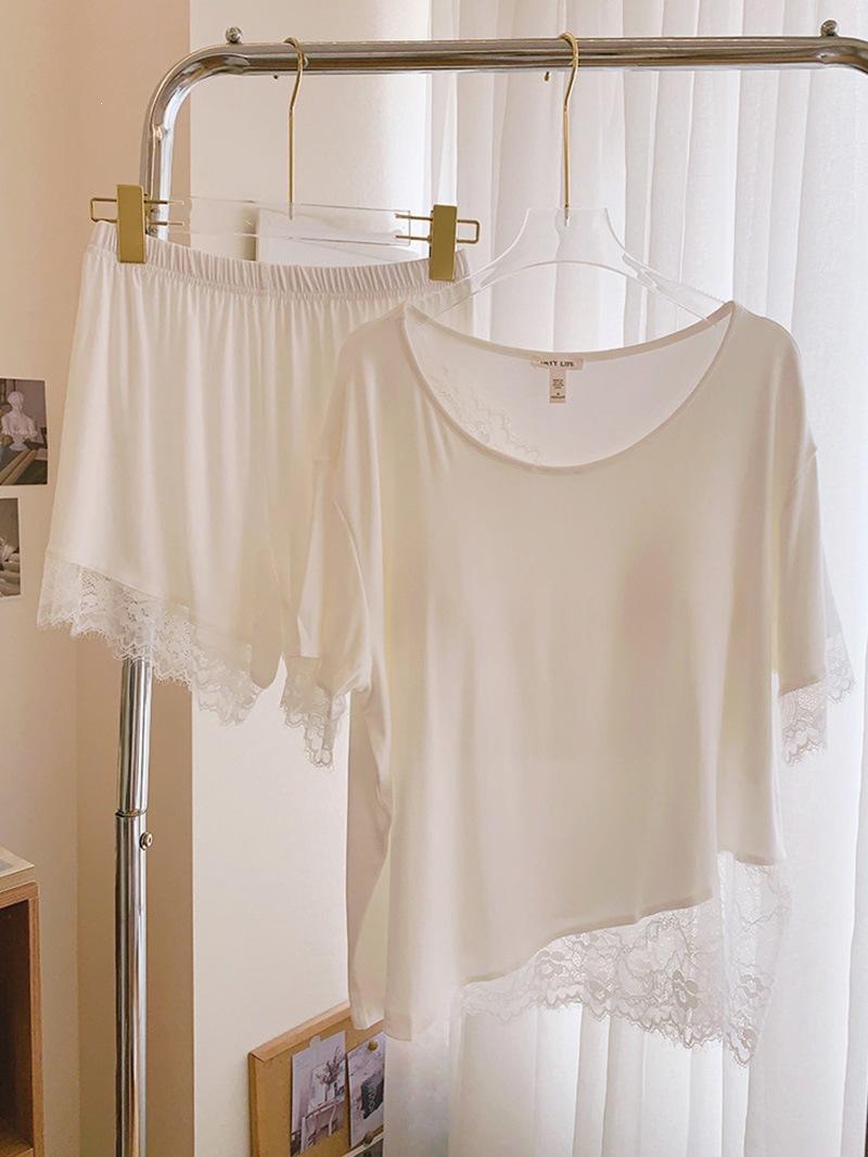 

Modal pajamas women s lace with chest pad summer short-sleeved shorts cool cotton new suit loungewear M