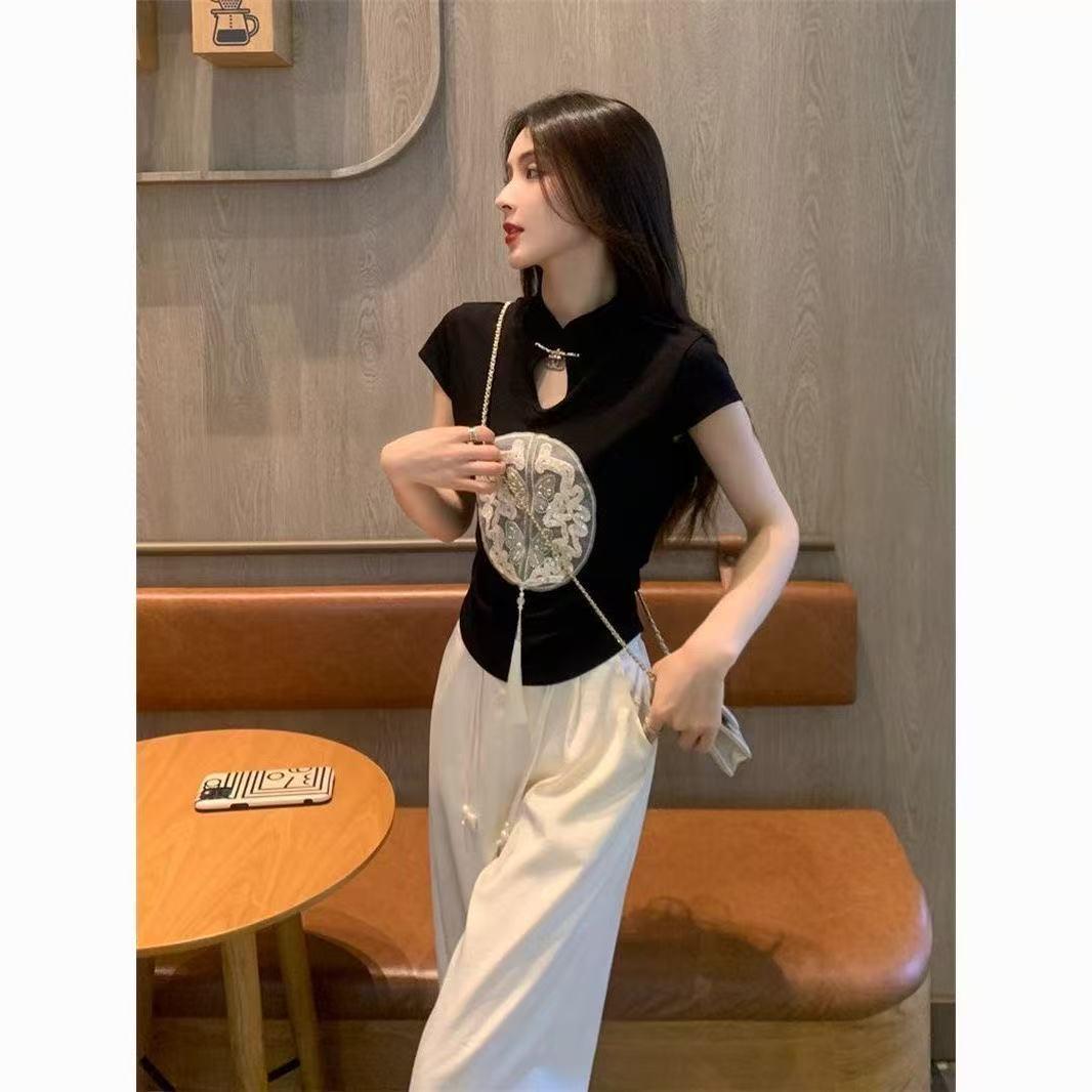 Women s Summer Casual Two-Piece Set - Chinese Style Frog Button Short Sleeve Top XL