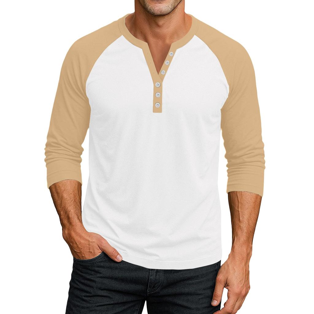 Men's Button-Down Contrast Raglan 3/4 Sleeve Top