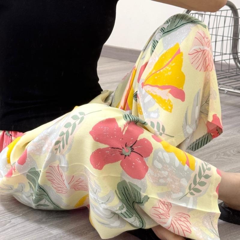 VEZFAA Moda damă ocazional cu imprimeu cu model de flori Pantaloni cu talie înaltă Pantaloni și capris