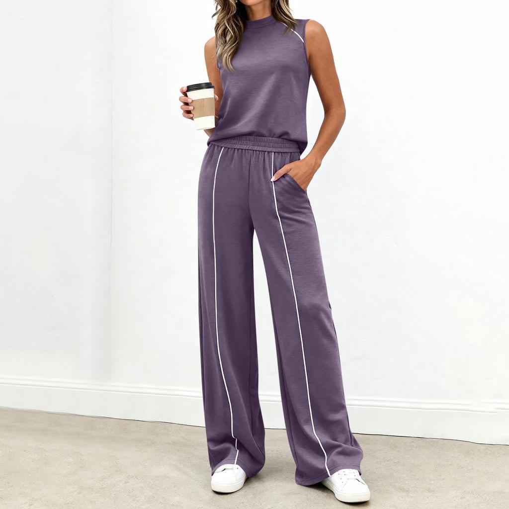 Women's Casual Fashion High-Neck Sleeveless Top And Wide-Leg Trousers Set