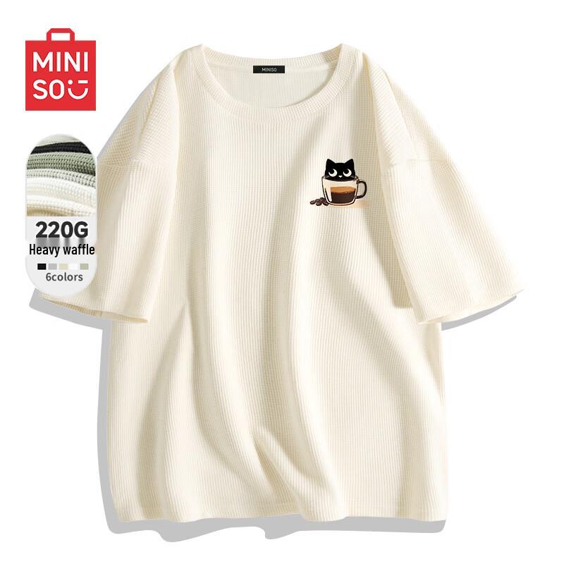MINISO Men's Waffle Knit Short Sleeve T-Shirt with Cat Coffee Logo