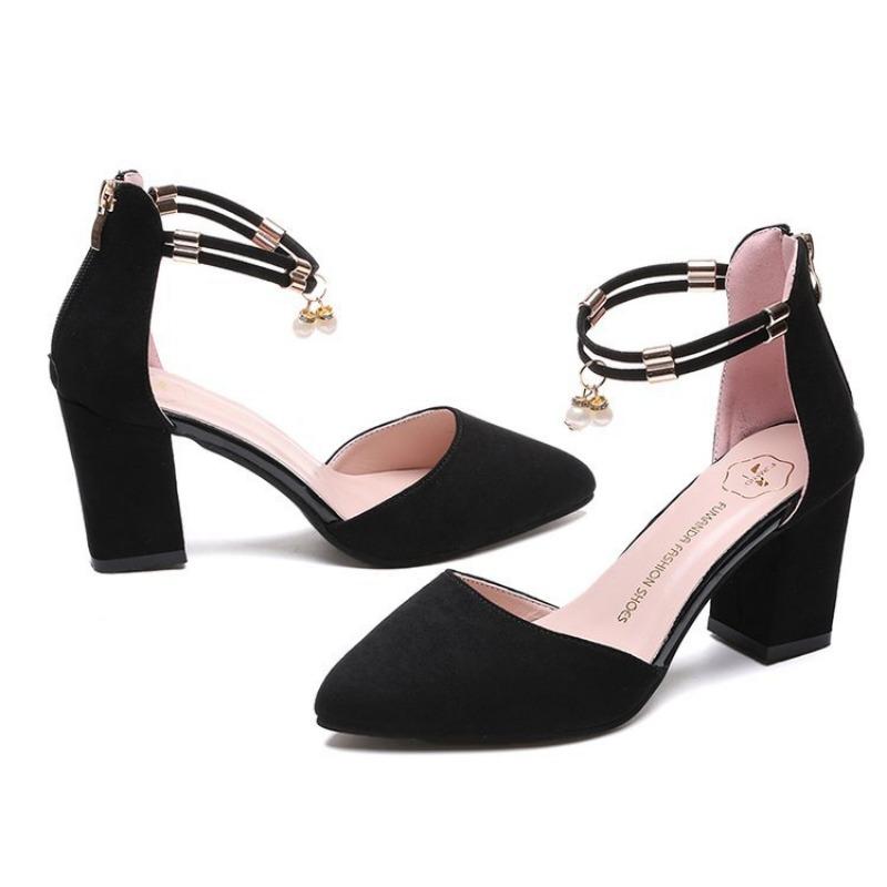New fashion pearl pendant versatile bag head hollow buckle light mouth thick heel high heels women's suede sandals