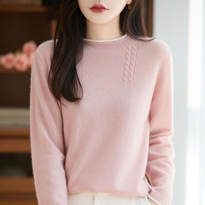 Autumn/Winter Pure Wool Cable Knit Double Round Neck Rolled Hem Long Sleeve Color Block Loose Pullover
