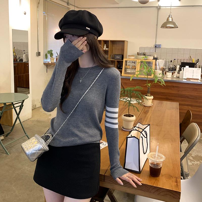 Korean College-Style Women's Striped Wool Knit Long Sleeve Top – Early Autumn Slim Fit
