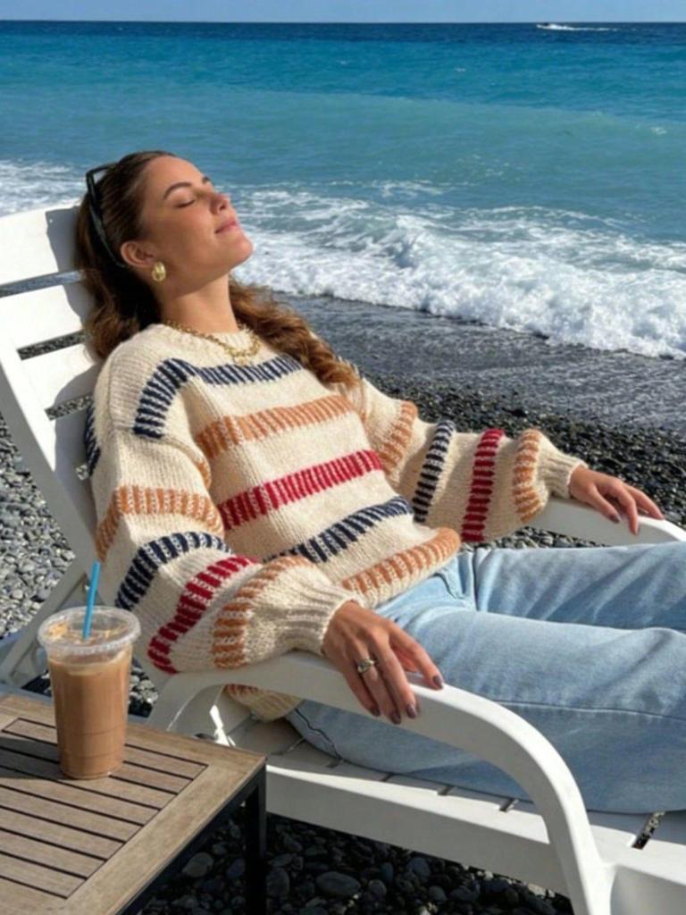 Women's Striped Round Neck Color Block Loose Knit Sweater - Spring/Autumn