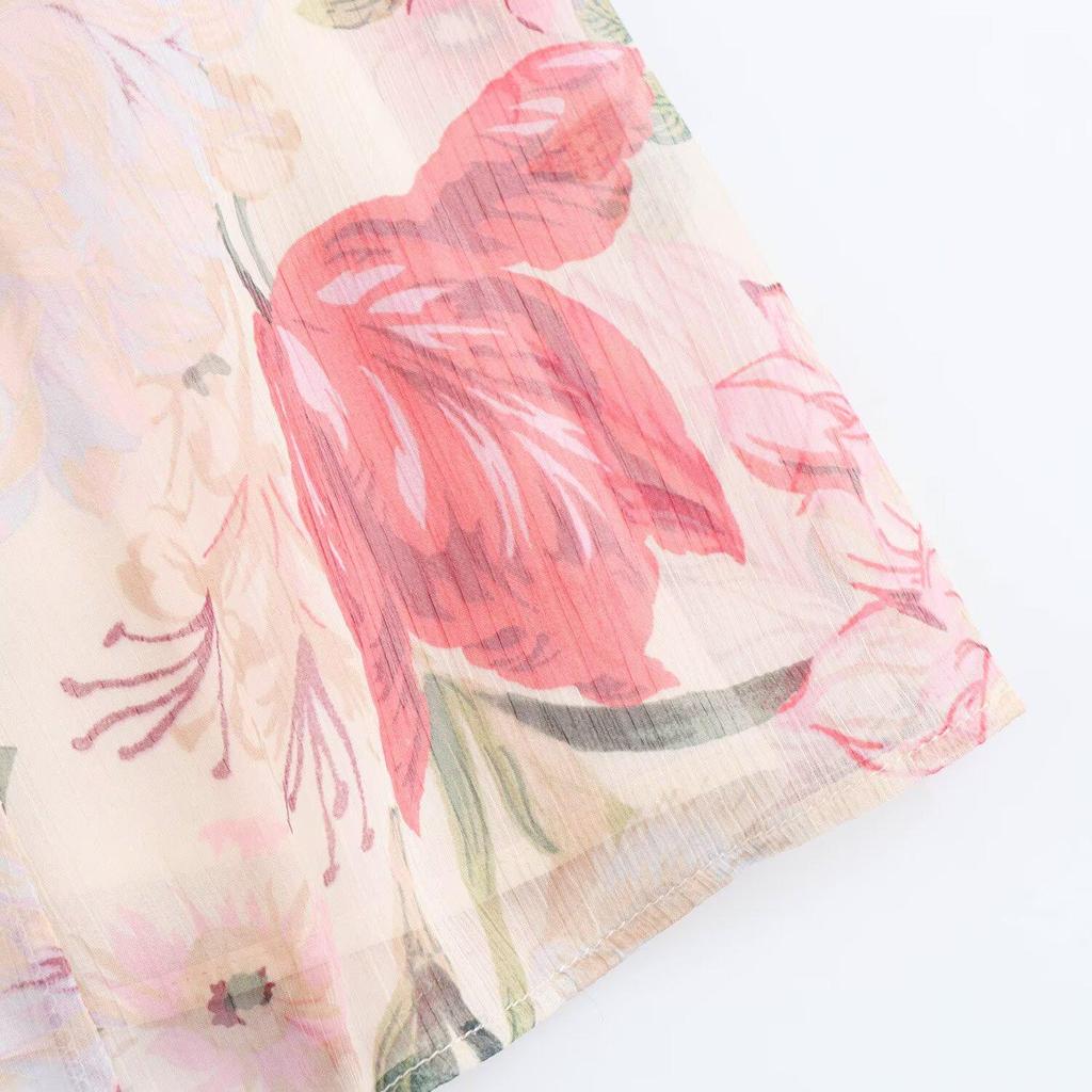 Spring 2025 Women's Floral Print Dress with Belted Tie Neckline