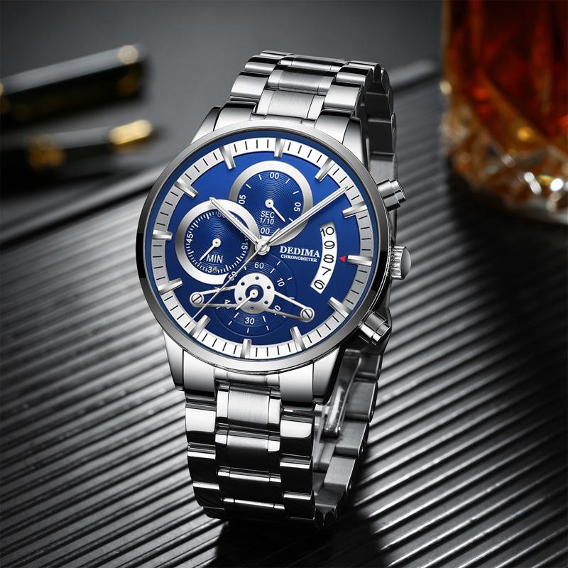KINGNUOS Herrenuhr mit massivem Stahlarmband, wasserdicht, beschichtetes Glas, leuchtend, drei Augen, 6 Zeiger, Quarzuhr