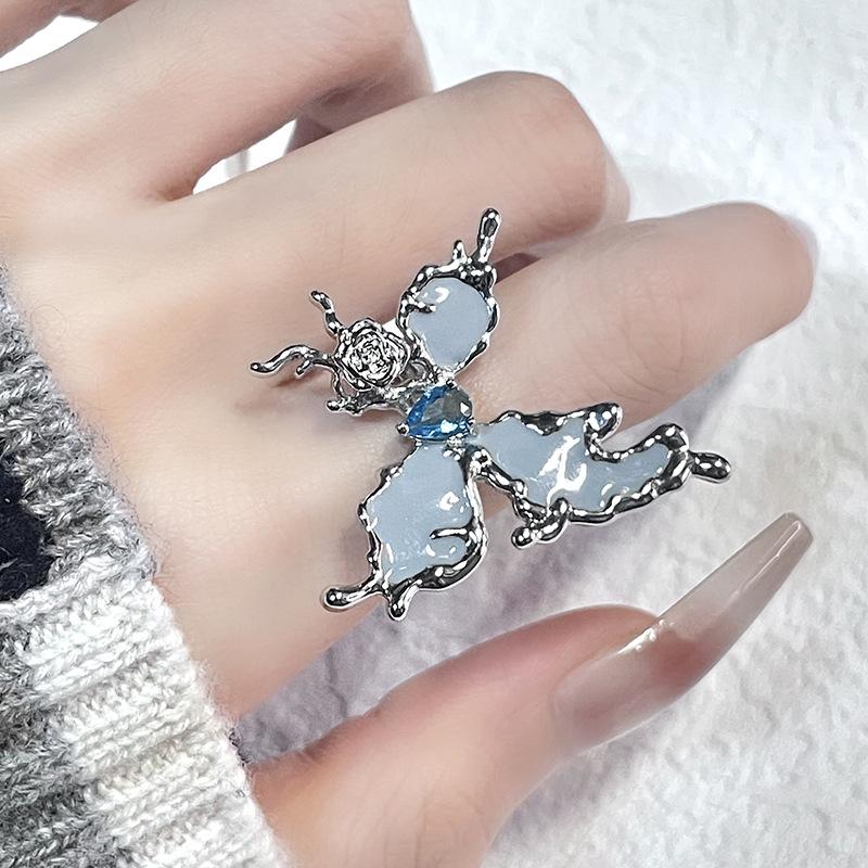 Haze Blue Butterfly Snake Ring Zircon Niche Design French Personality Light Luxury High Sense Open Ring