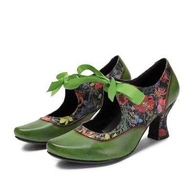 Ethnic Style Green Printed High Heels Genuine Leather Pointed Toe Lace Tie Women's Pumps