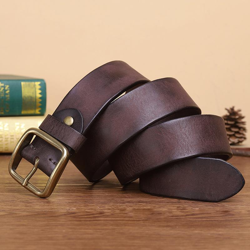 Retro-style Trendy Men's Leather Belt with Pin Buckle, Pure Cowhide, Simple and Versatile, Perfect for Jeans