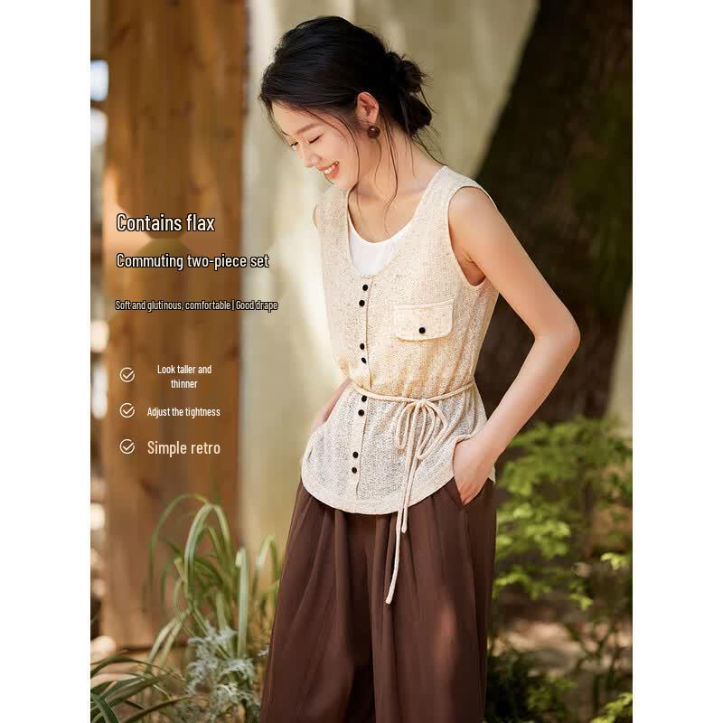 Linen Blend Faux Two-Piece Knit Top M