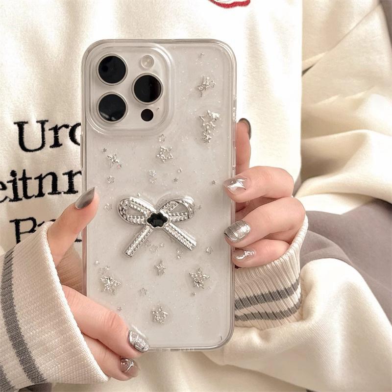 Bow Glitter Epoxy Mobile Phone Case For Iphone17Promax Stars Apple 16Plus Transparent 14 Women
