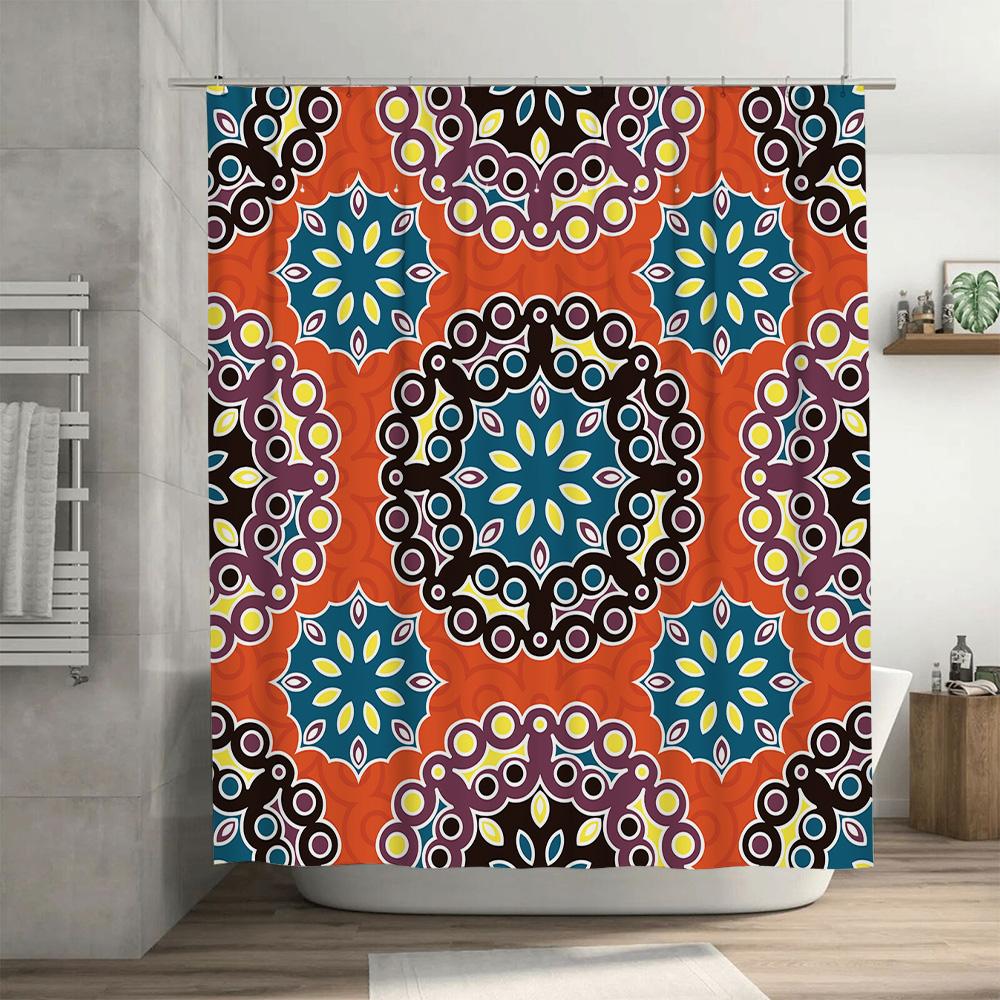 Decorative Bath Shower Curtain Floral Mandala Design with Blue, Yellow Orange Colors Waterproof Fabric for Bathroom Decorations