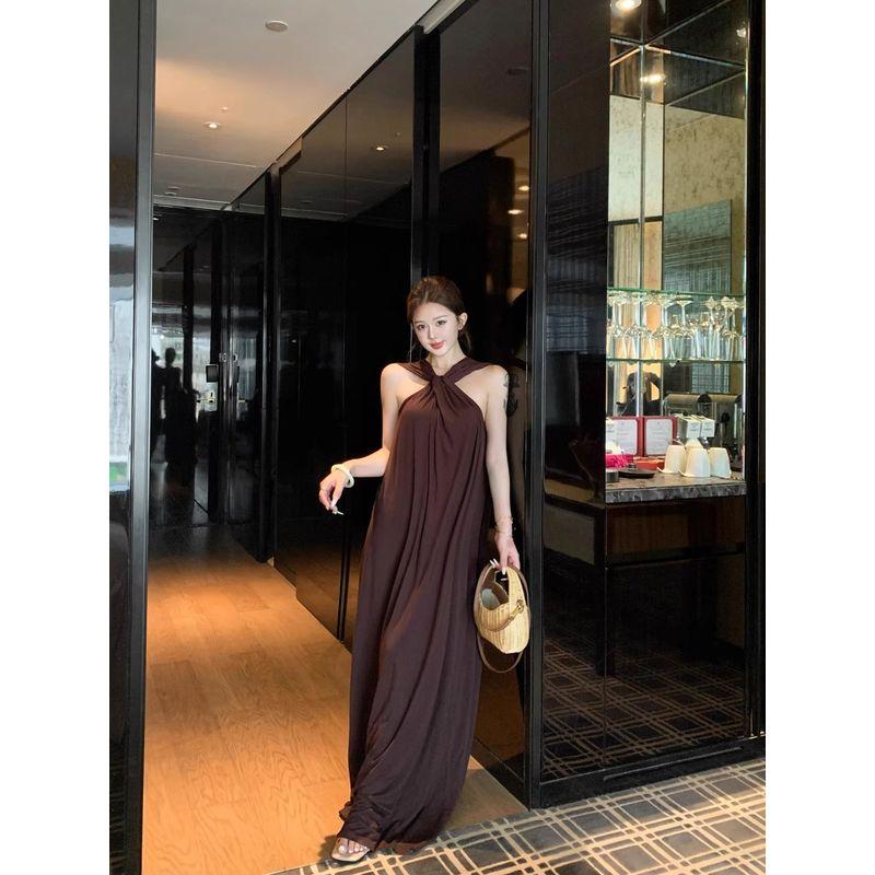 Kumikumi French Style Temperament Coffee Color Sleeveless Hanging Neck Dress Women Summer All-Match Loose Slimming Drape Long Dress