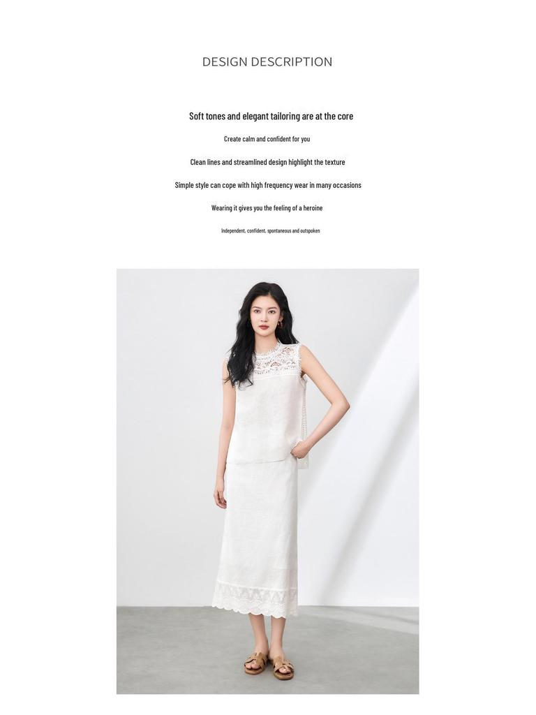 French Niche 100% Linen Lace T-Shirt Vest Top + Exquisite Midi Skirt Set