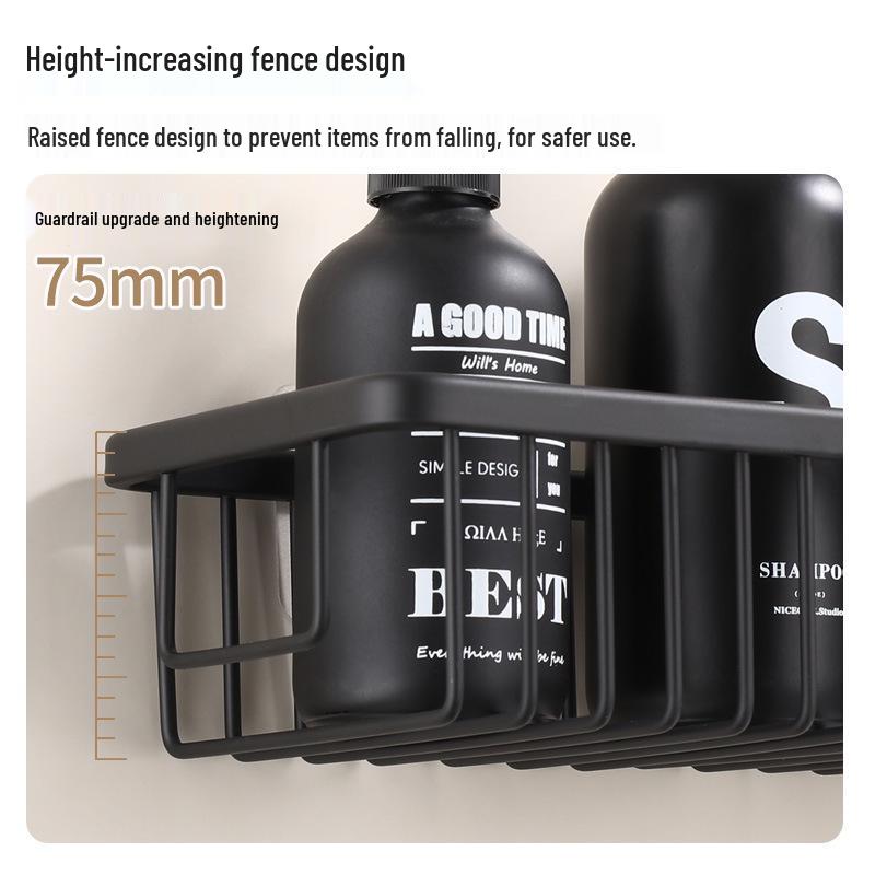 Punch-Free Wall-Mounted Black Bathroom Storage Shelf for Cosmetics