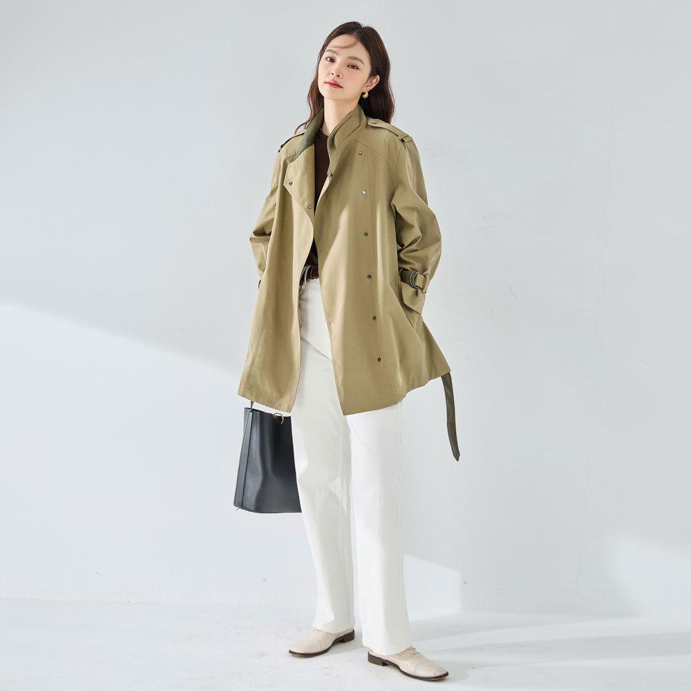 

Qiuxin не мнется флис и кожа для поездок на работу, повседневный, красивый, воротник-стойка, короткое тренчковое пальто, женское 23067 M хаки