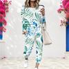 Women Plus Size White Teal Printed Round Neck Long Sleeve Cuffed Top And Cuffed Pants Two Piece Set