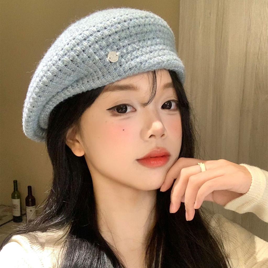 Blue Knitted Hollow Beret Women's Korean Edition Versatile Face Show Small Bud Hat Head Circumstance Painter