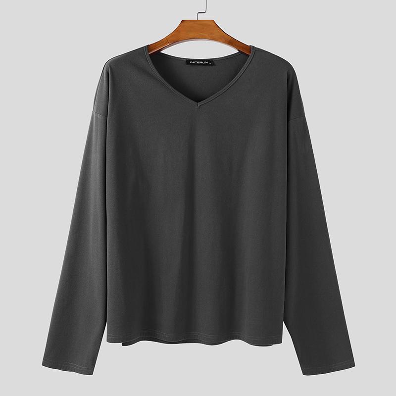 

INCERUN Oversized Men Undershirts V Neck Long Sleeve Casual Loose T-shirts Tops 5XL серый