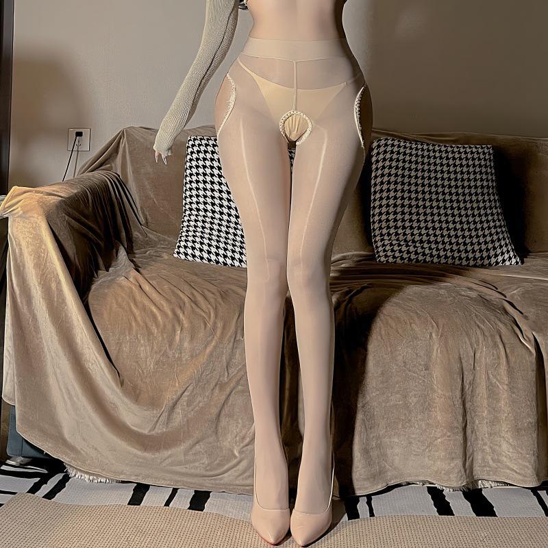 Horse Oil Glossy Open-Crotch Silk Stockings, 8D Ultra-Thin, Plus Size, Transparent, Silky Intimate Wear, Four-Way Open-Crotch.
