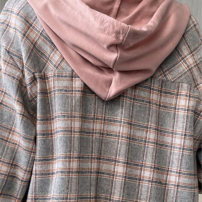 Women's Hooded Blouses Coat Autumn Fashion Loose Plaid Pockets Casual Shirts Women Streetwear Tops Jacket Clothing