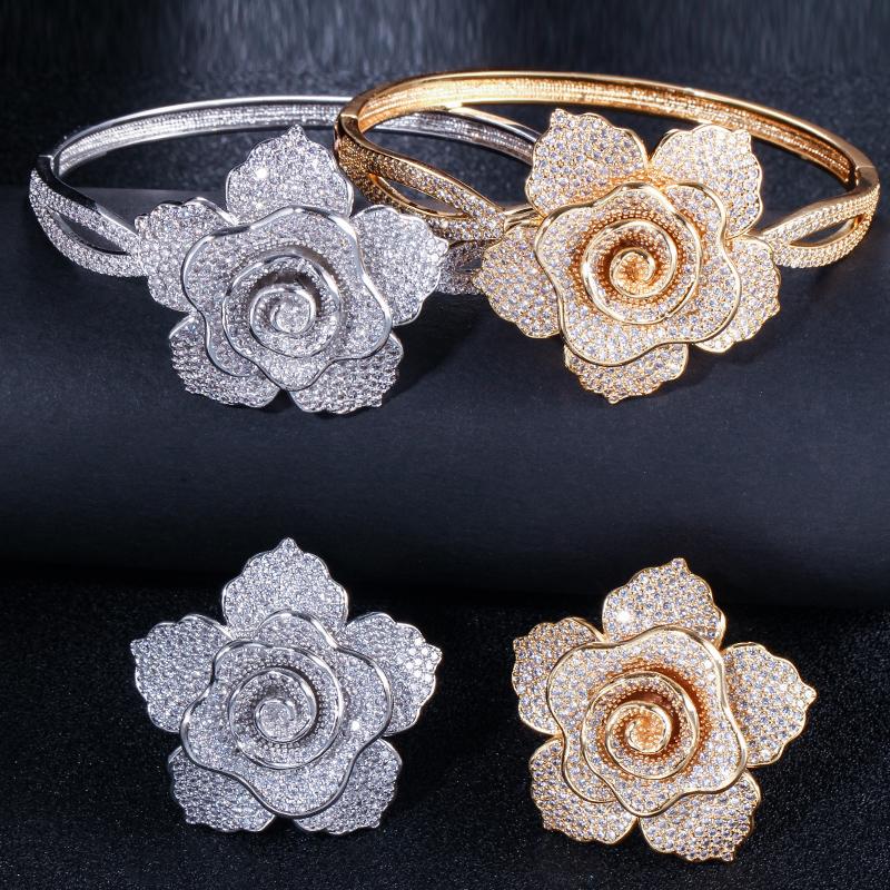 WWJ Super Luxury Zirconia Large Golden Color Geometric Flower Wedding Ring Bangle Sets