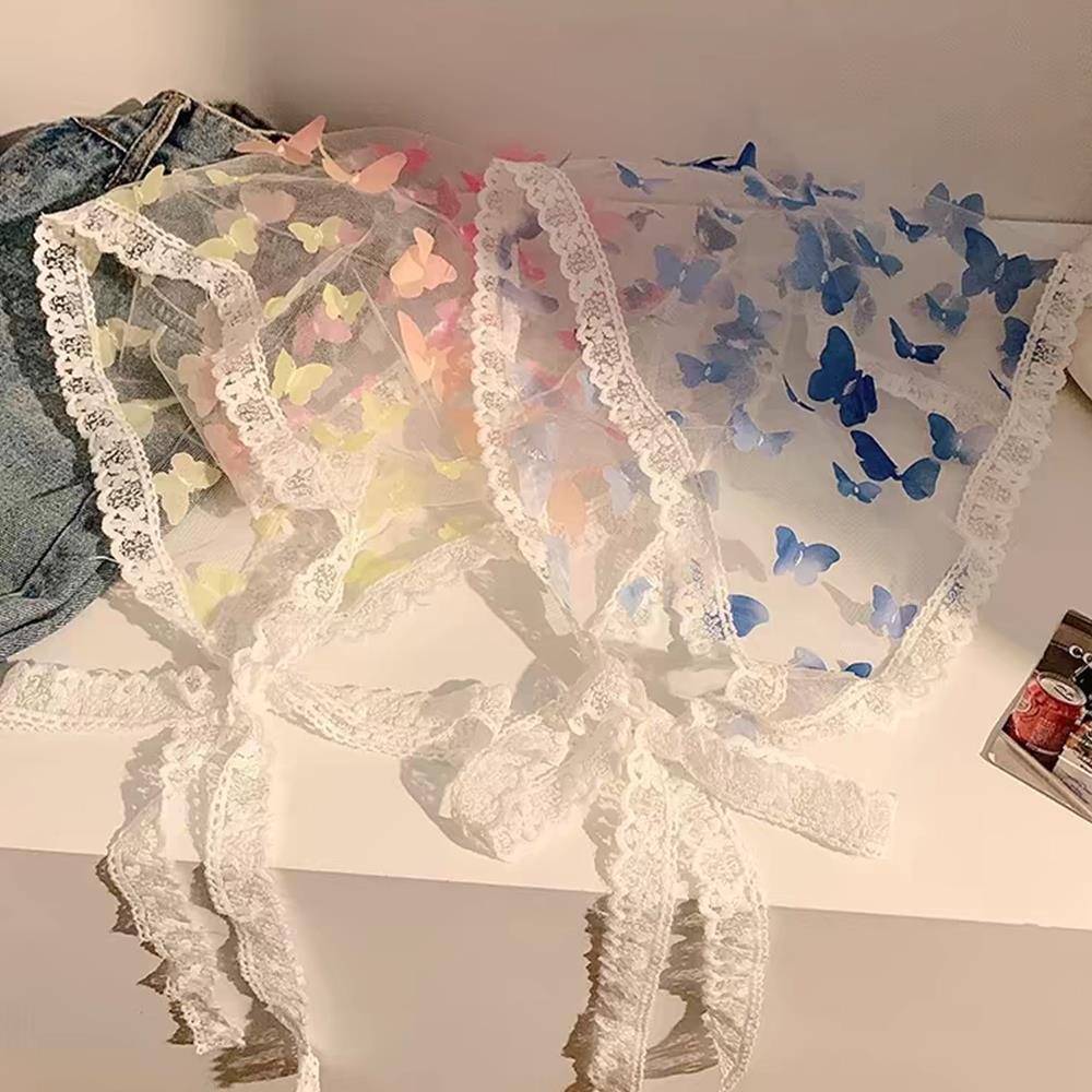 Woman Lace Triangle Headscarf Headwear Butterfly Print Turban Bandana Headbands Girl Court Bonnet Fashion Sweet Hair Accessories