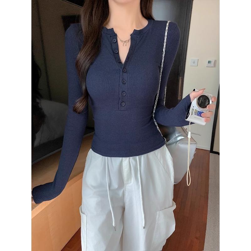 Women Slim Fitted Long Sleeve Button Front Solid Casual Inner T Shirt