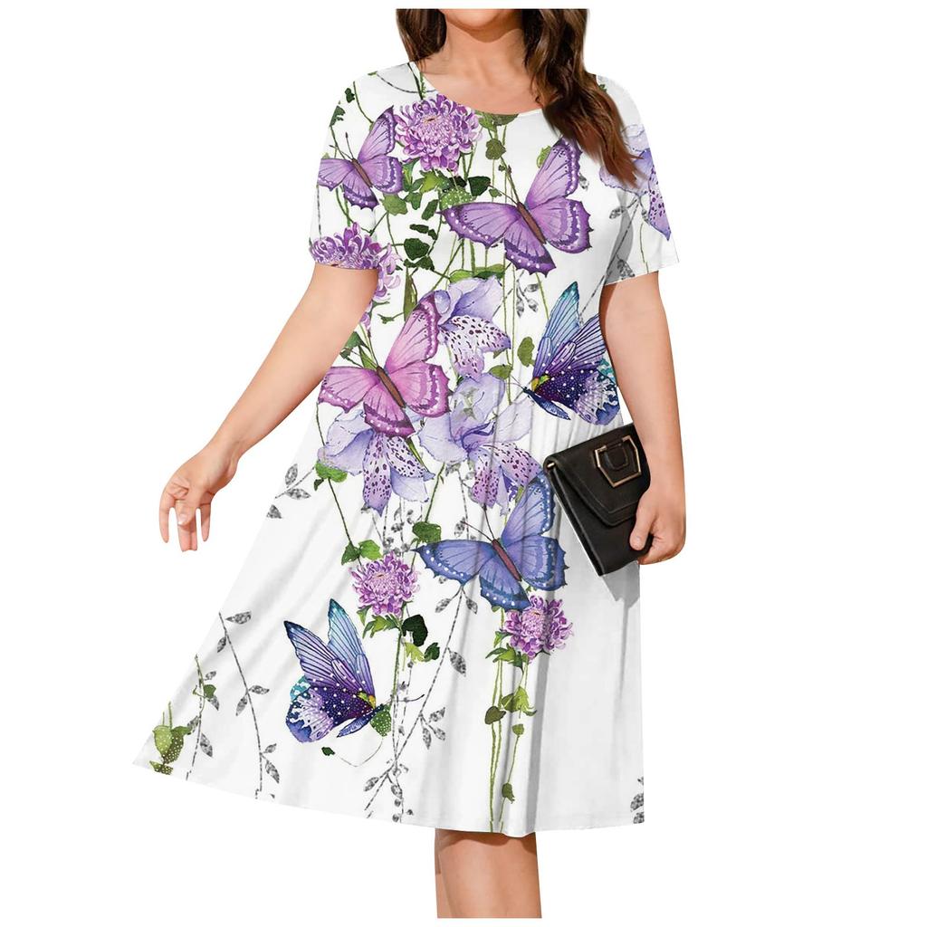 Womens Plus Size Summer Dress Casual Short Sleeve Paletead Waist Loose Fit Swing T-Shirt Dress With Pockets