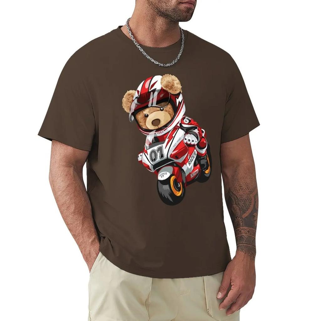 Teddy Bear Riding Racing Motorbike T Shirt Harajuku Short Sleeve T-shirt 100% Cotton Graphics Tshirt Tops