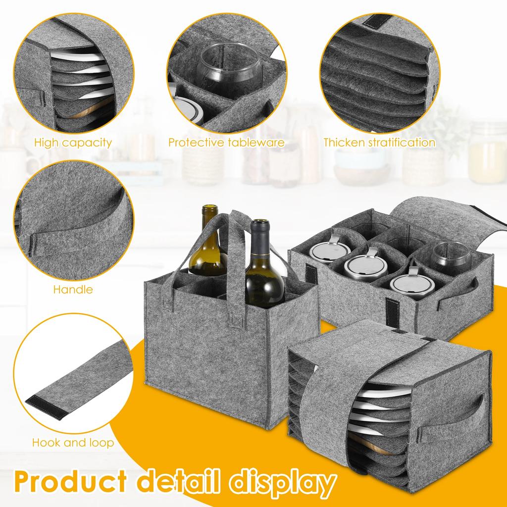 3Pcs Felt Storage Bag for Plate Cup Wine Bottle with Handle Multi Compartment Tableware Storage Pouch for Campervan Boat
